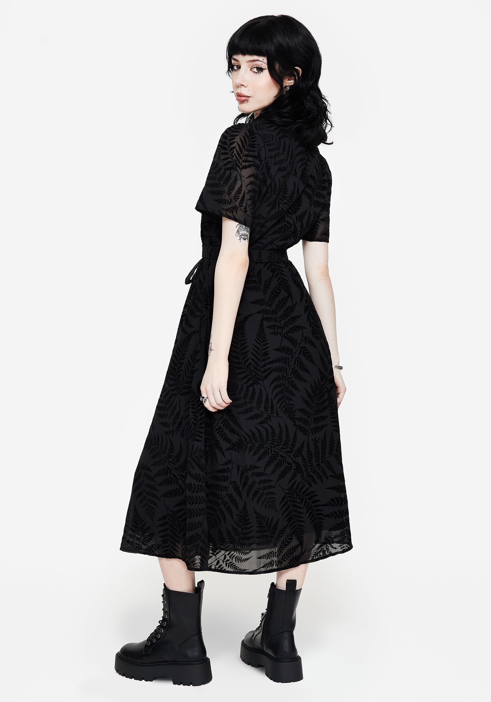 Lunafern Farn Bedruckt Gürtel Midi Hemd Kleid