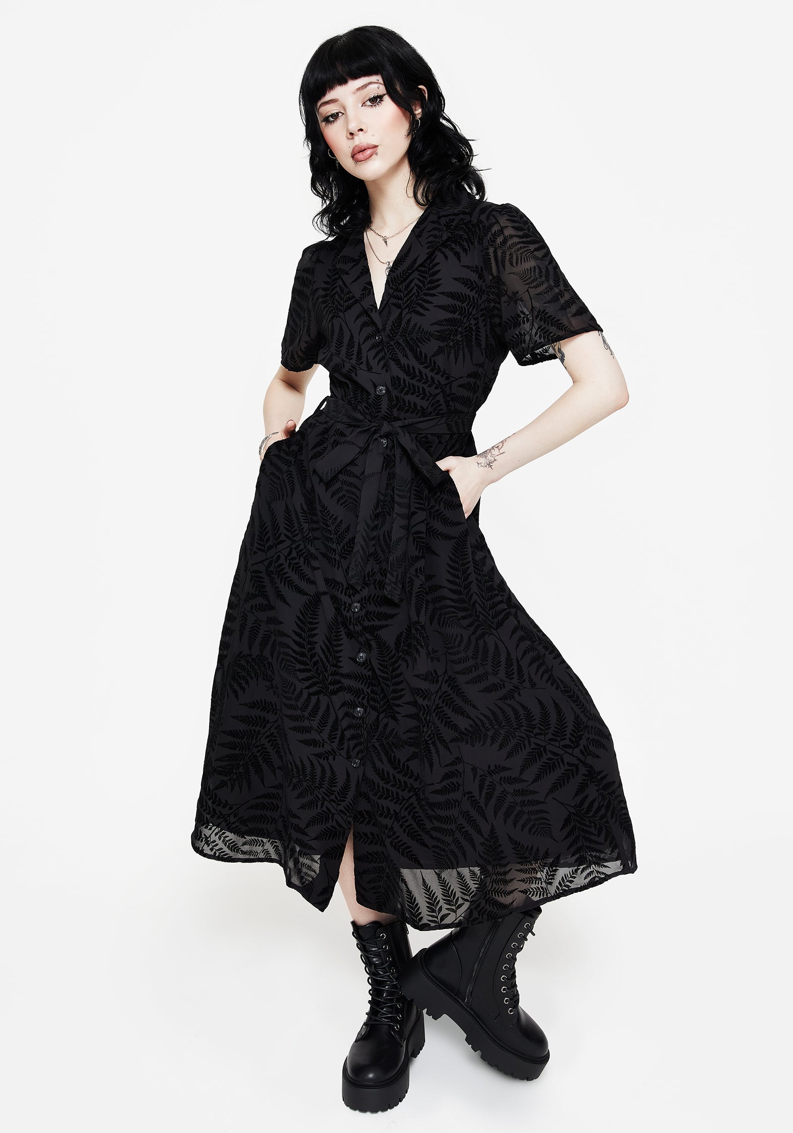 Lunafern Farn Bedruckt Gürtel Midi Hemd Kleid