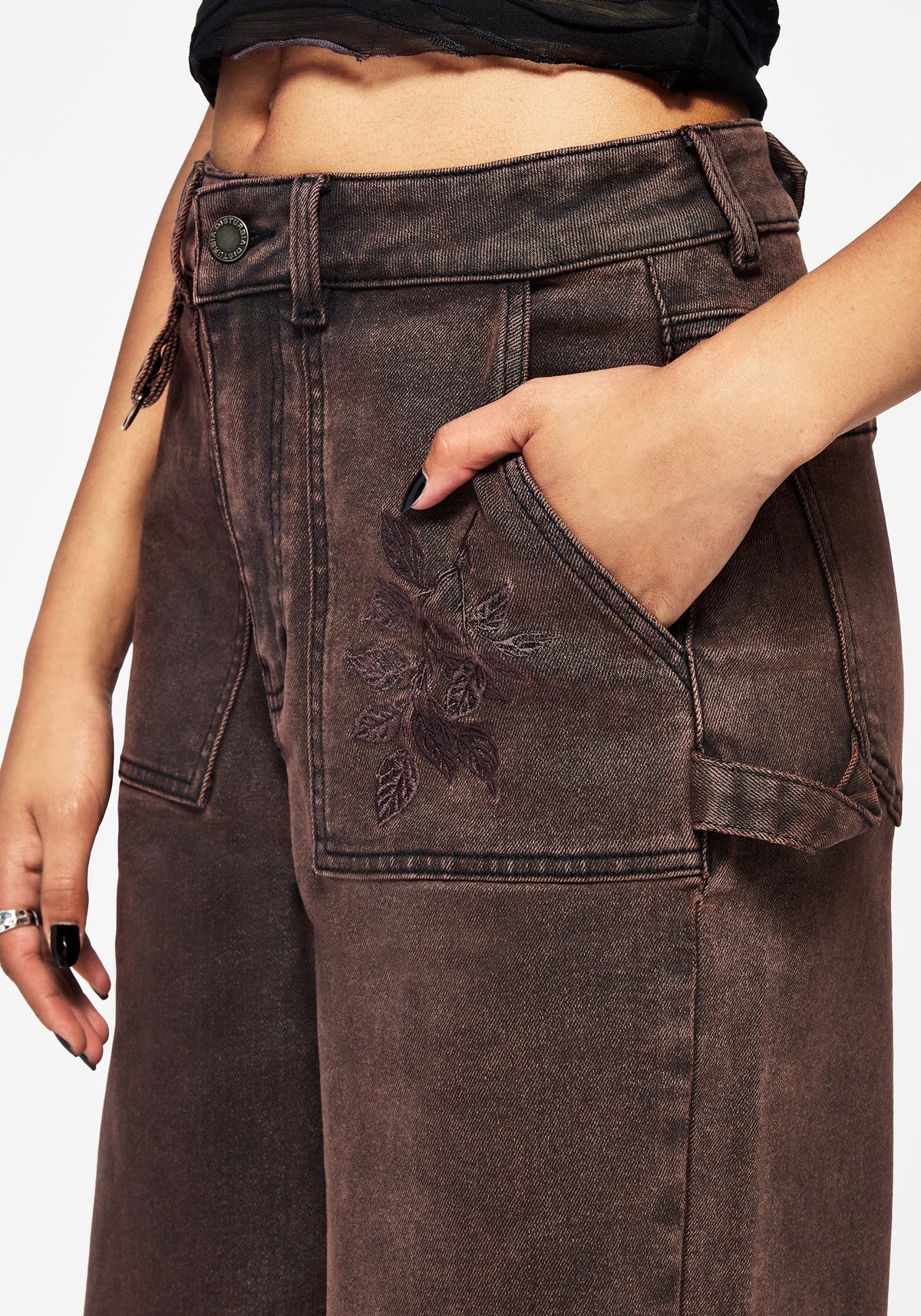 Echo Autumnal Leaf Embroidered Pocket Detail Cropped Jeans