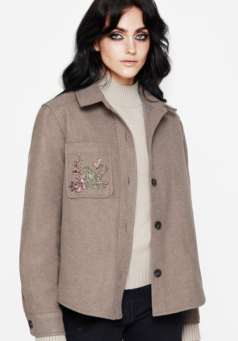 Cordelia Floral Frog Embroidered Pocket Front Shacket