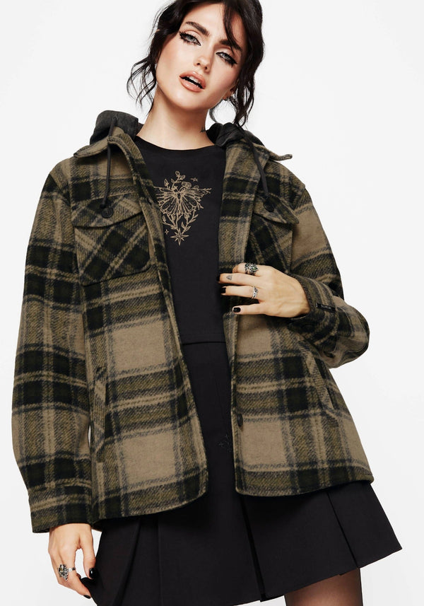 Trellis Hooded Pocket Check Shacket - Green