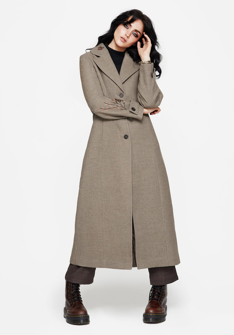 Valeria Floral Moth Embroidered Herringbone Longline Coat