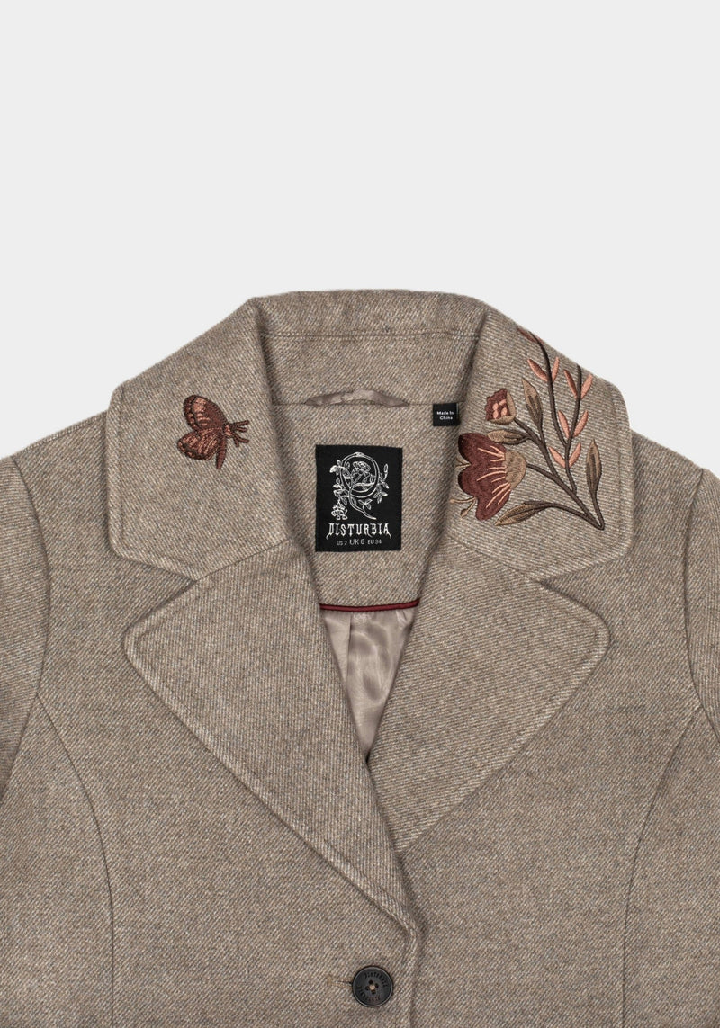 Valeria Floral Moth Embroidered Herringbone Longline Coat