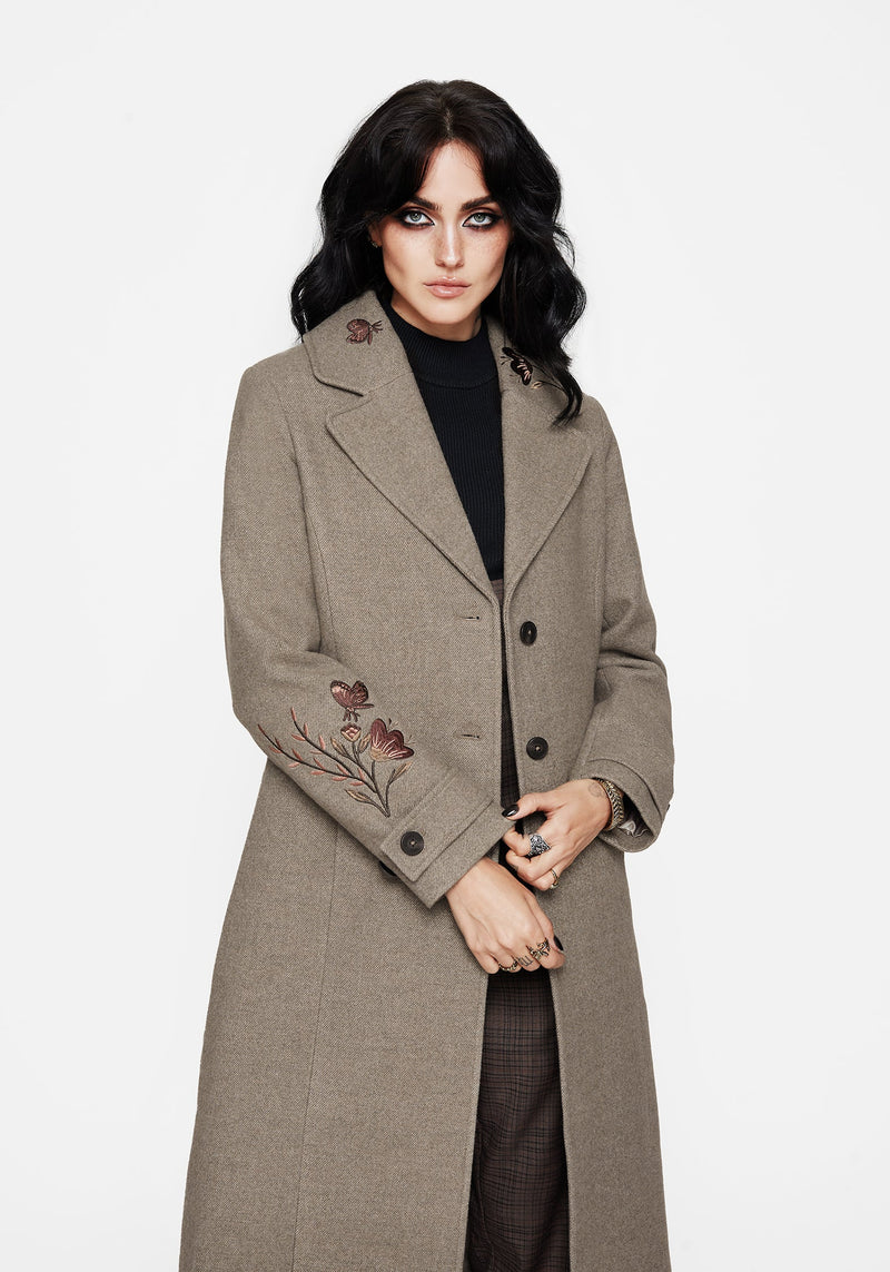 Valeria Floral Moth Embroidered Herringbone Longline Coat