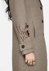 Valeria Floral Moth Embroidered Herringbone Longline Coat