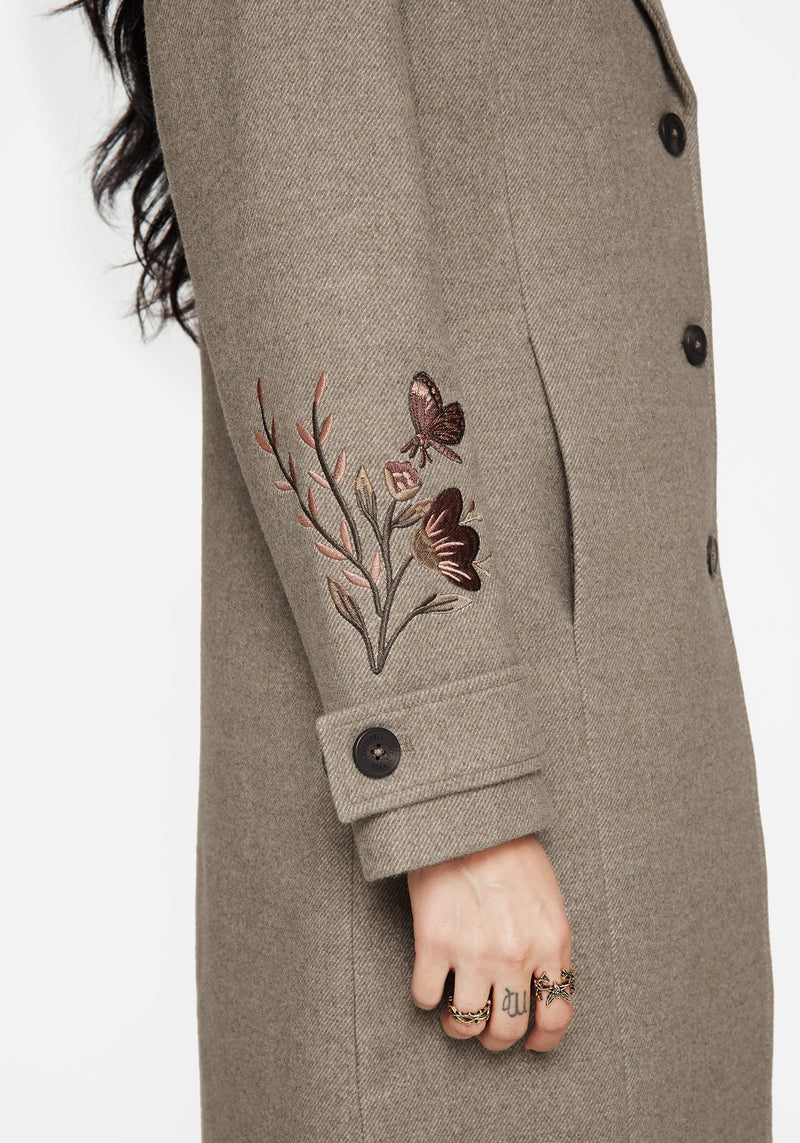 Valeria Floral Moth Embroidered Herringbone Longline Coat