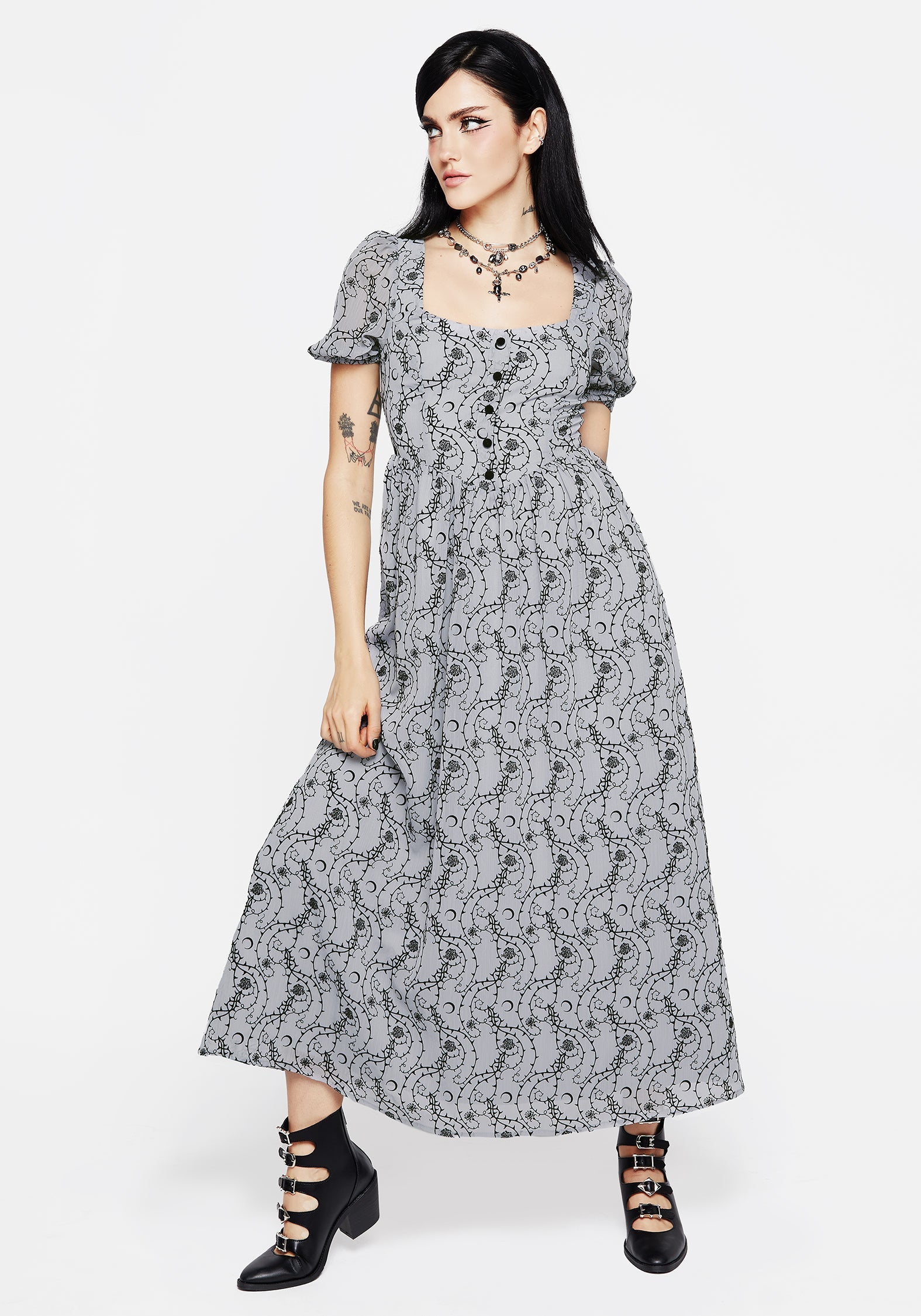 Rosethorn Flocked Velour Puff Sleeve Midaxi Dress - Blue – Disturbia