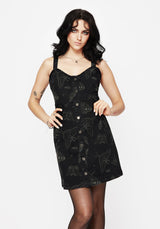 Callopistria Moth Print Denim Mini Apron Dress