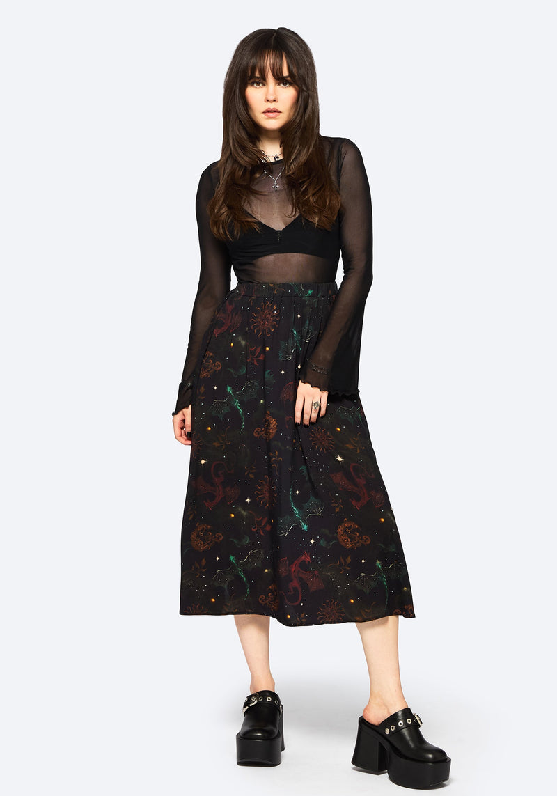 Phoenix Dragon Printed Pleated Midi Skirt