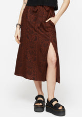 Annabel Raven Print Split Front Midi Skirt - Rust