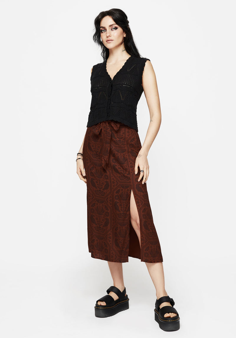 Annabel Raven Print Split Front Midi Skirt - Rust