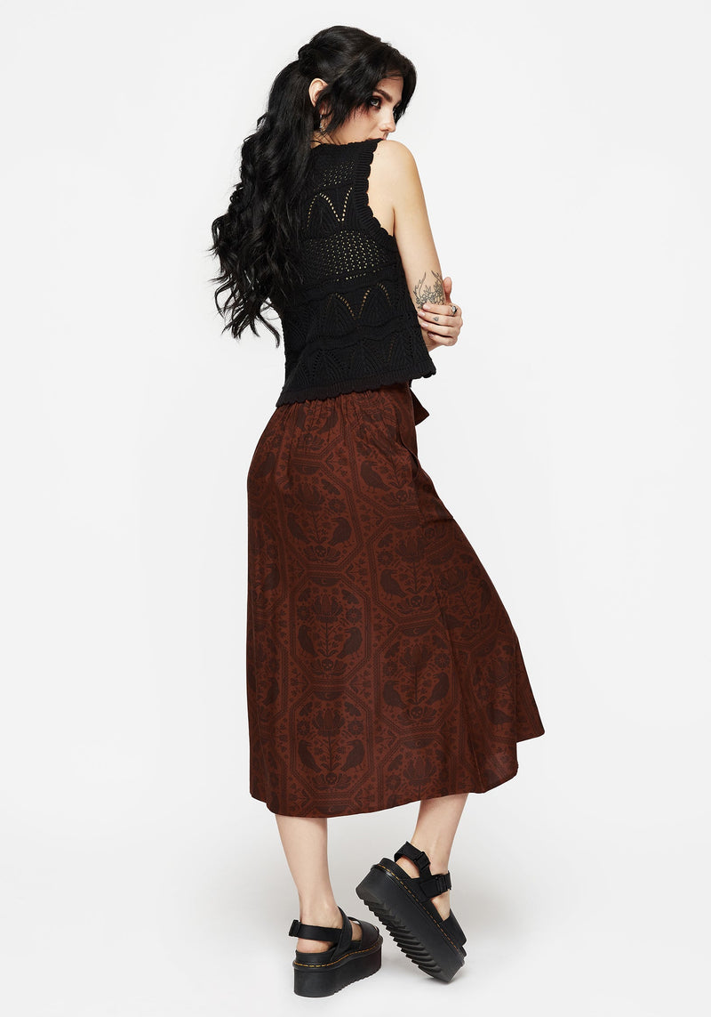 Annabel Raven Print Split Front Midi Skirt - Rust