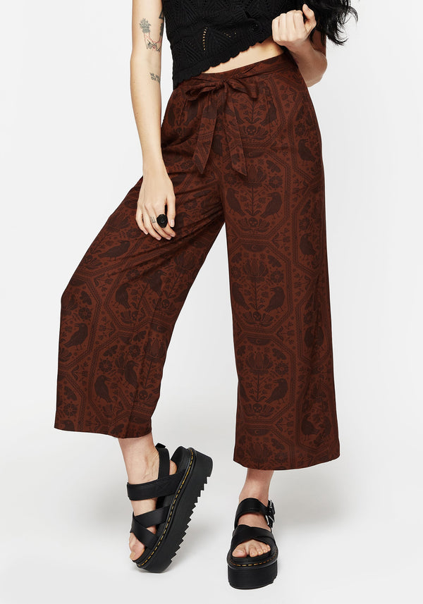 Annabel Tie Waist Wide Leg Culotte Trousers - Rust