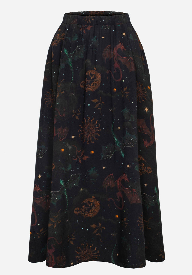 Phoenix Dragon Printed Pleated Midi Skirt