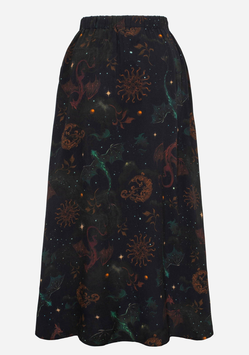 Phoenix Dragon Printed Pleated Midi Skirt