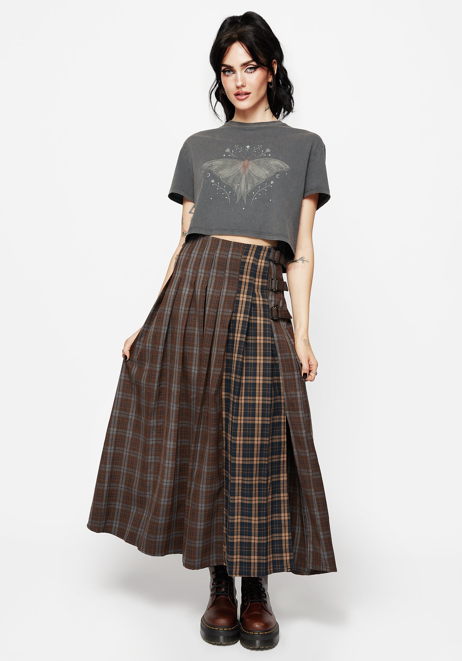 Raven Pleated Check Buckle Detail Maxi Skirt