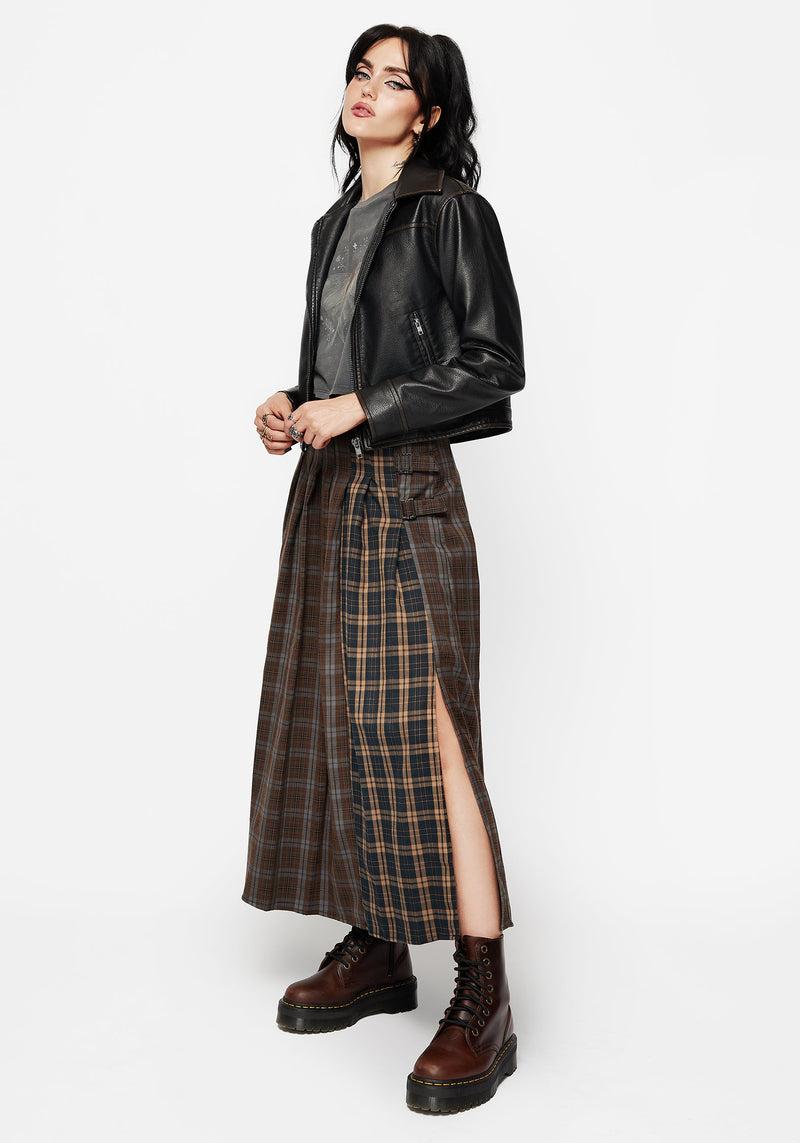 Raven Pleated Check Buckle Detail Maxi Skirt