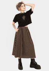 Terra Cotton Check Midi Skirt - Brown