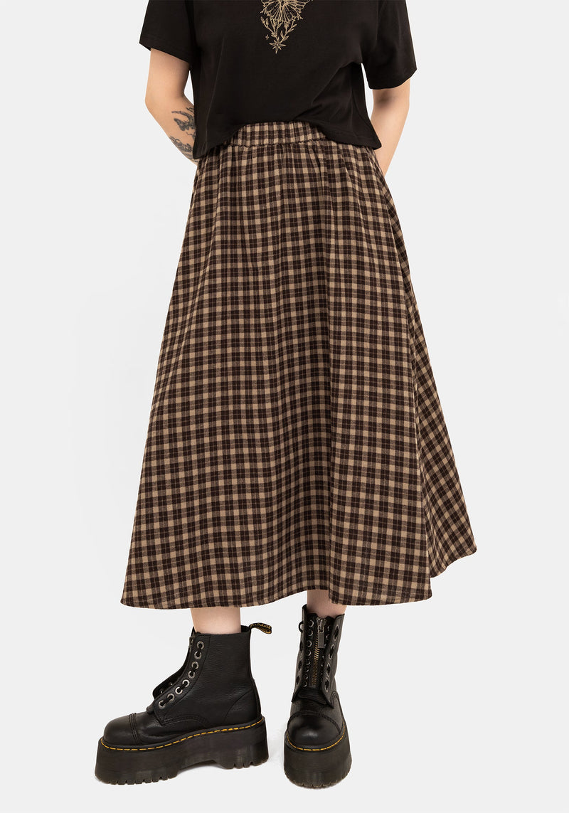 Terra Cotton Check Midi Skirt - Brown
