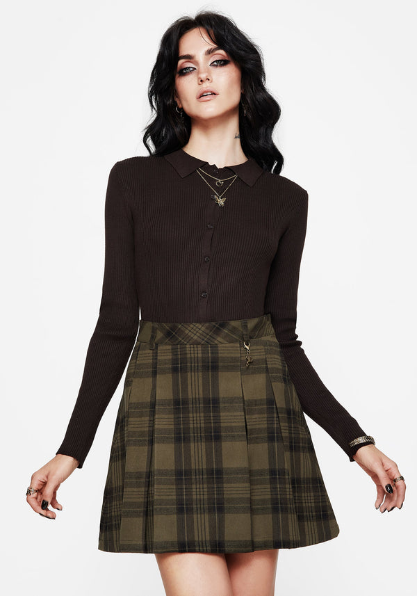 Cecily Check Pleated Mini Skirt With Frog Charm