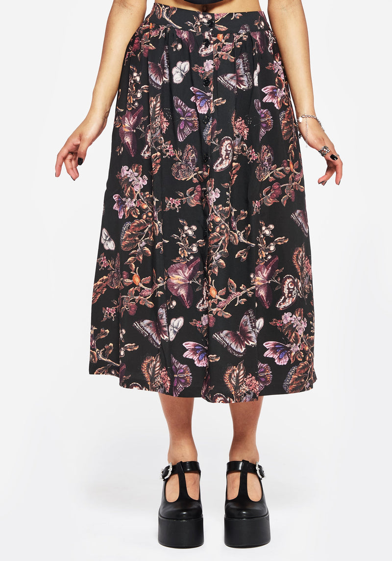 Eloise Floral Butterfly Print Button Up Midi Skirt