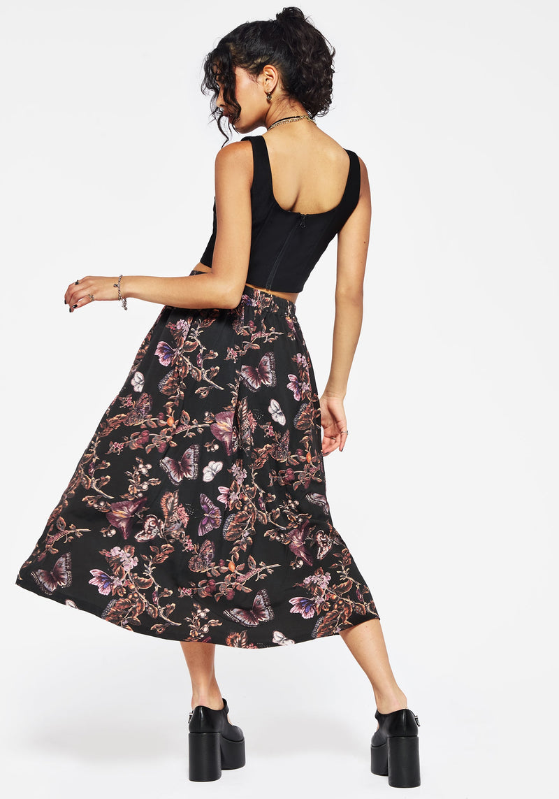 Eloise Floral Butterfly Print Button Up Midi Skirt
