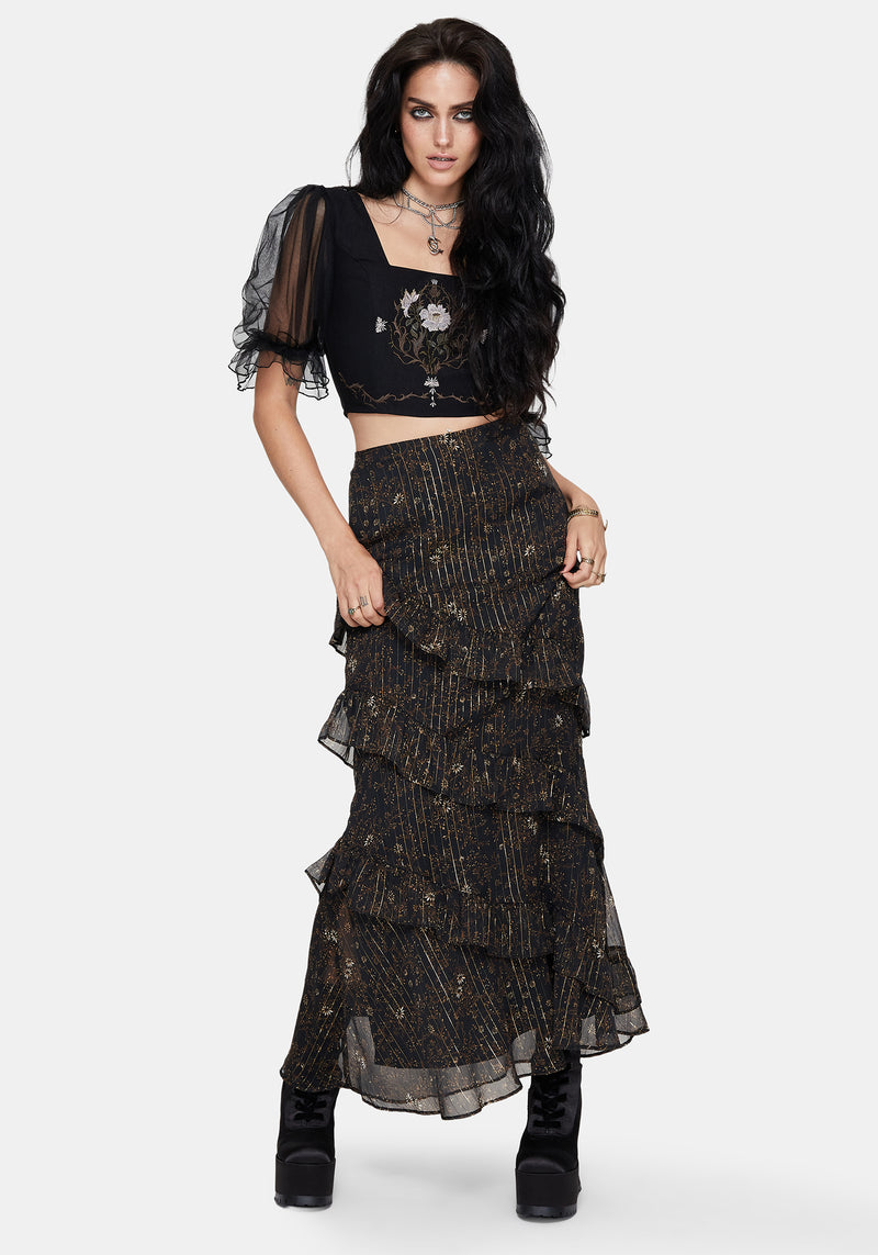 Astralis Floral Stripe Asymmetric Ruffle Tiered Maxi Skirt