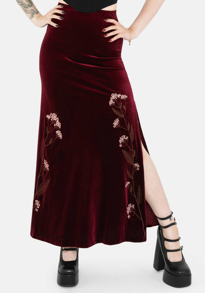 Virosa Floral Embroidered Velour Maxi Skirt