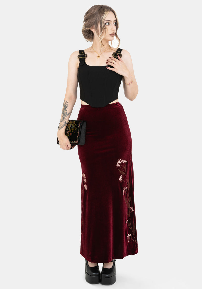 Virosa Floral Embroidered Velour Maxi Skirt
