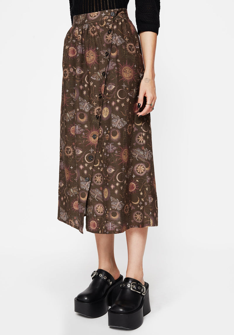 Rhea Cotton Blend Moth and Moon Print Midaxi Skirt