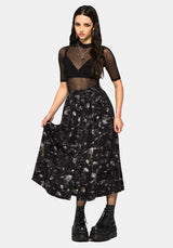 Crimson Magpie and Moth Print Button Up Midi Skirt