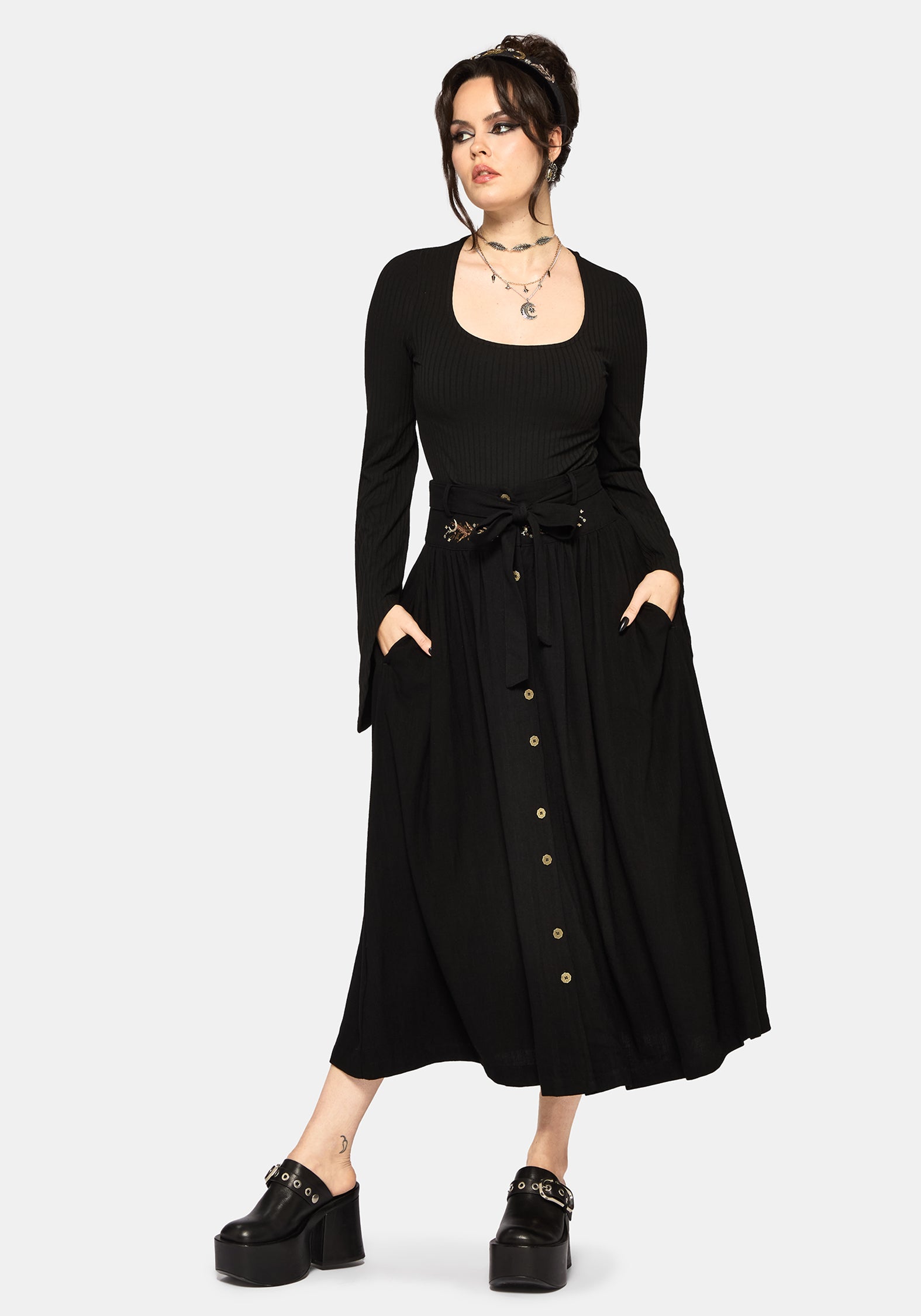 Abellona Embroidered Tie Waist Midaxi Skirt