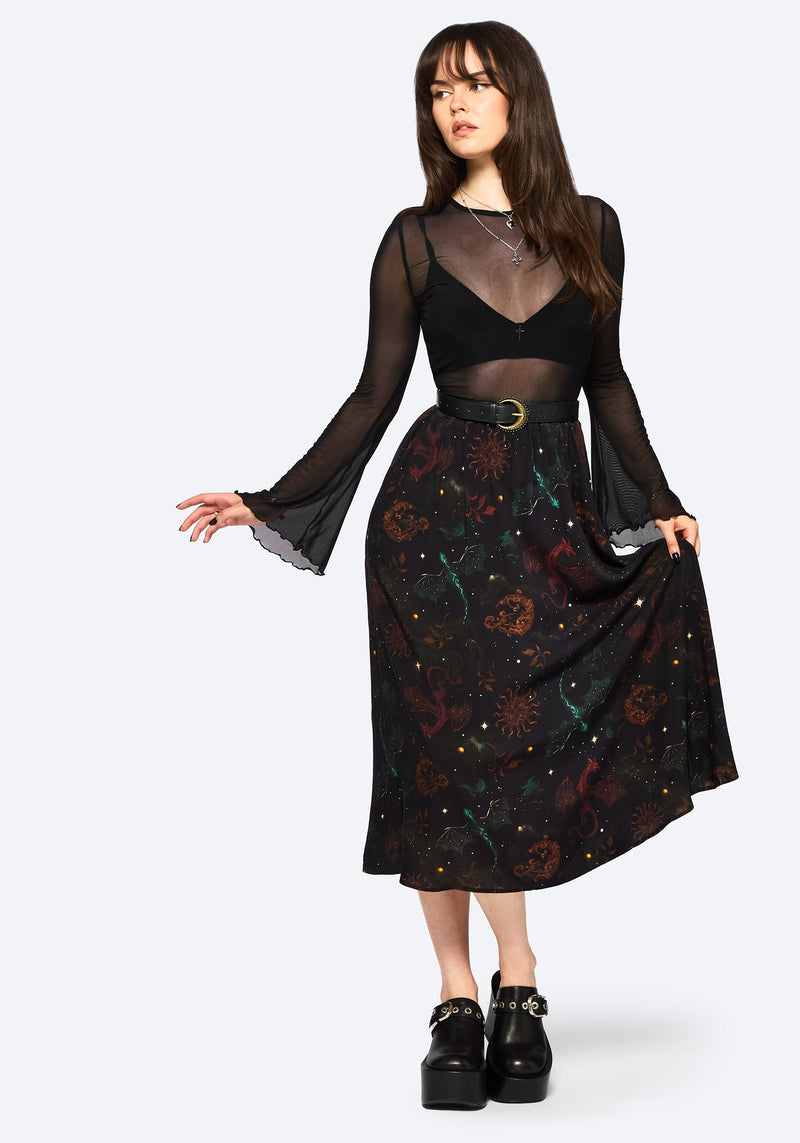 Phoenix Dragon Printed Pleated Midi Skirt