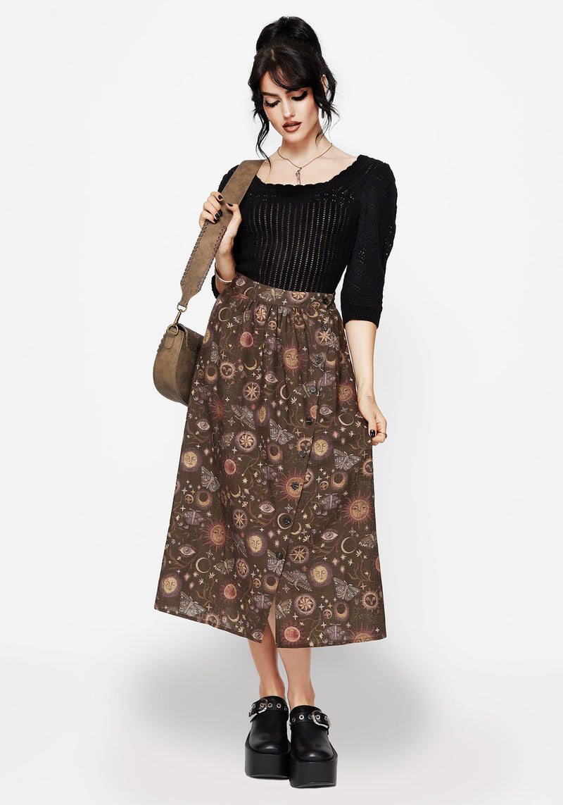 Rhea Cotton Blend Moth and Moon Print Midaxi Skirt