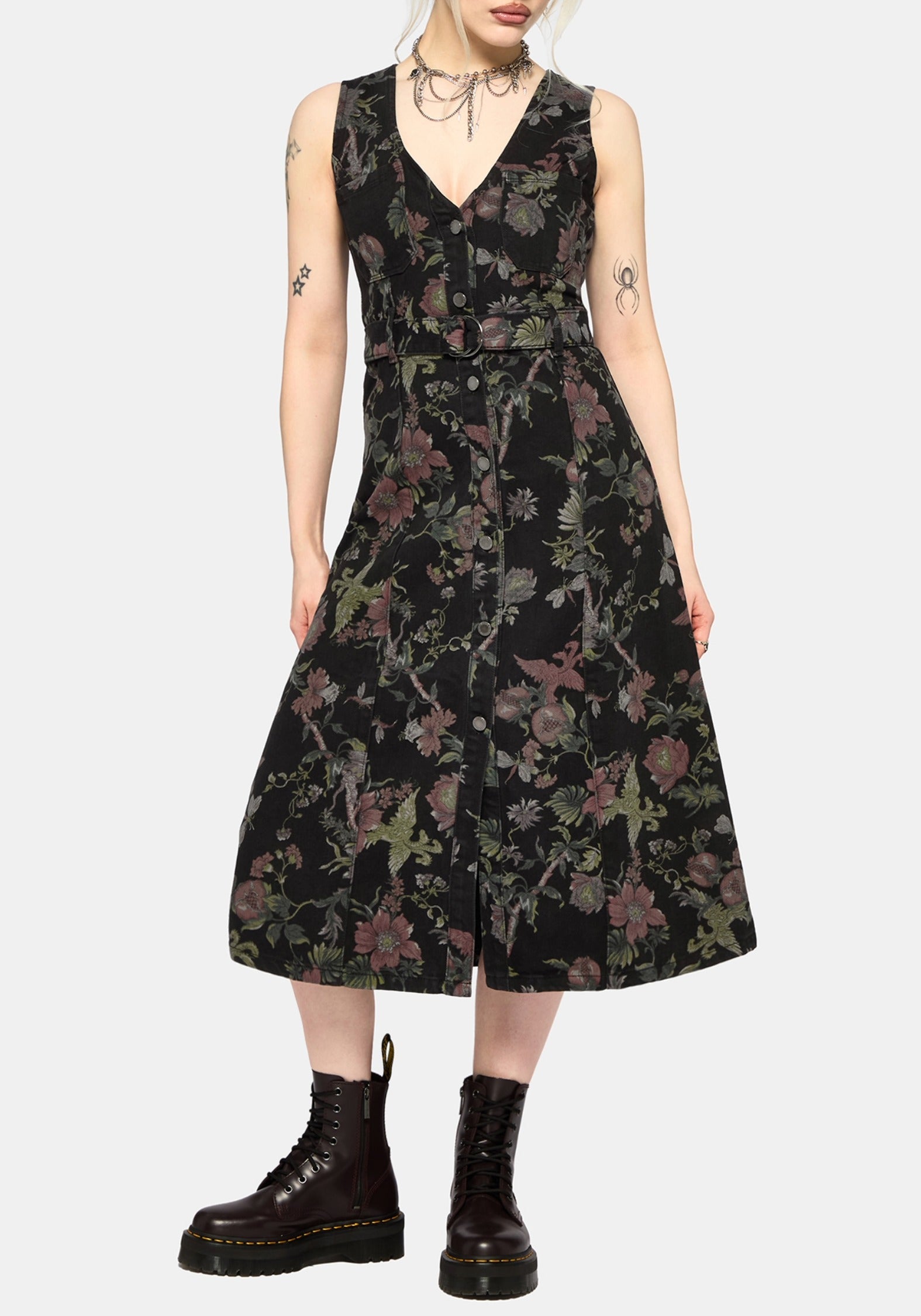 Poison Eden Print Denim Midi Dress