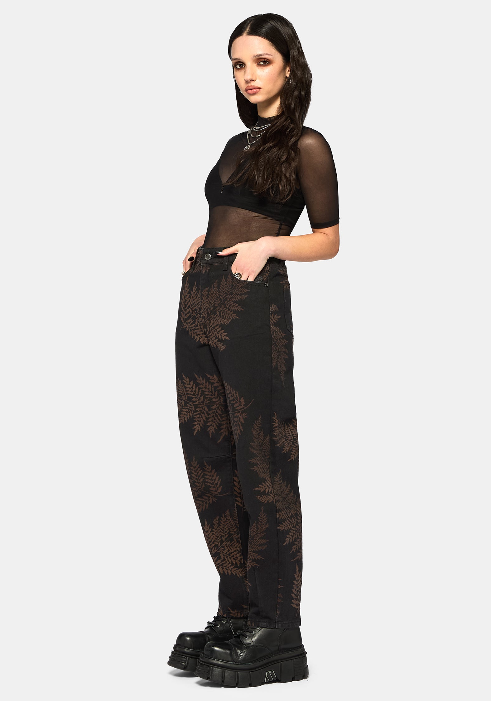 Ruin Fern Printed Barrel Leg Denim Jeans