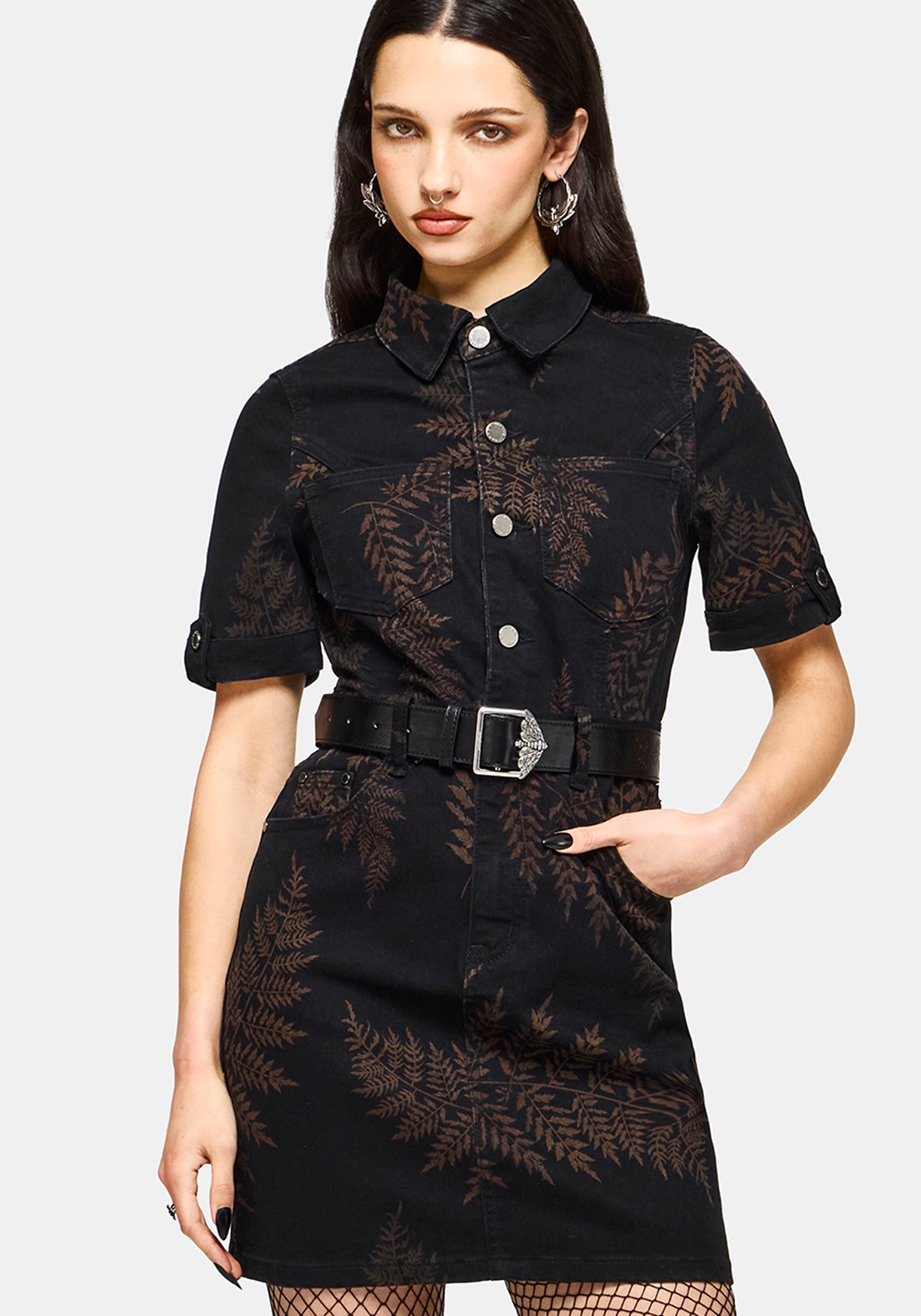 Ruin Farn Bedruckt Denim Mini Hemd Kleid