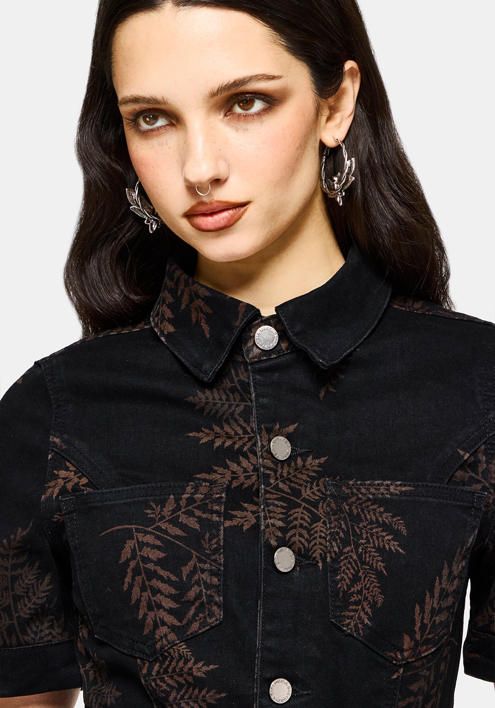 Ruin Farn Bedruckt Denim Mini Hemd Kleid