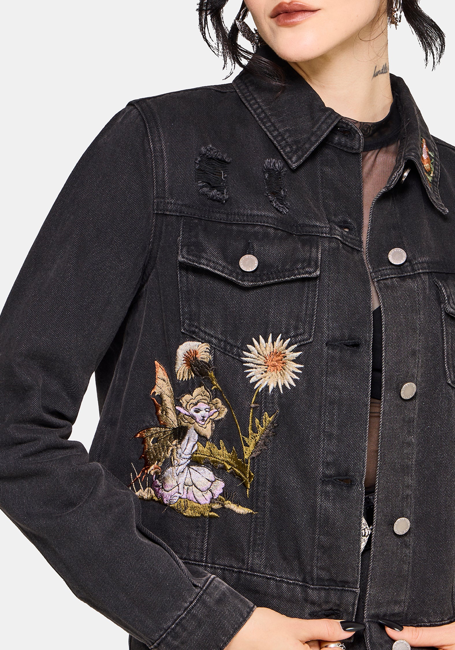 Faela Fairy Embroidered Distressed Denim Jacket EU 34