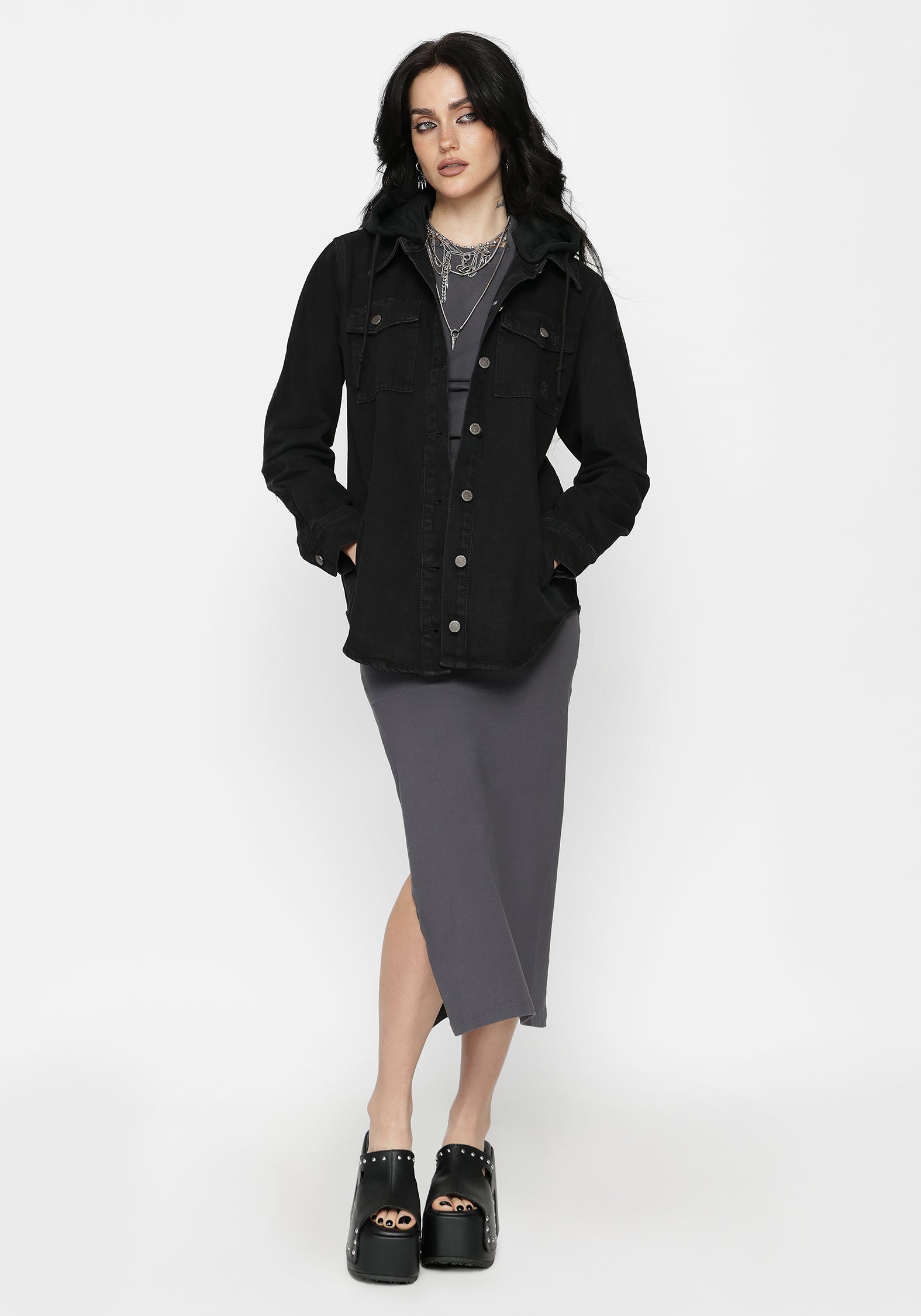 Trellis Hooded Pocket Denim Shacket