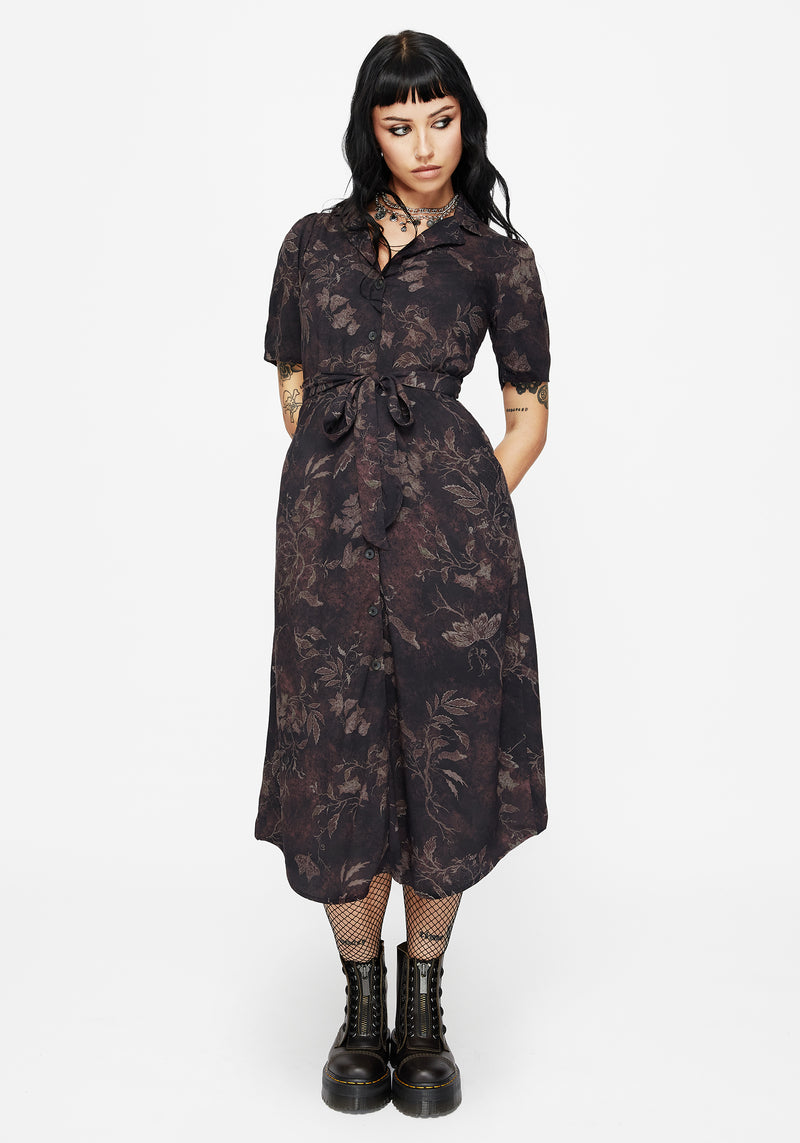 Ashmire Woodland Moth Print Midi Belted Shirt Dress
