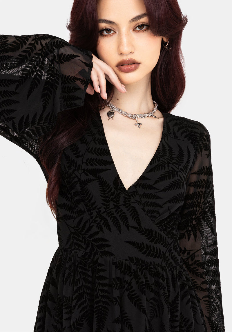 Lunafern Fern Leaf Flocked Mesh Flute Sleeve Mini Dress