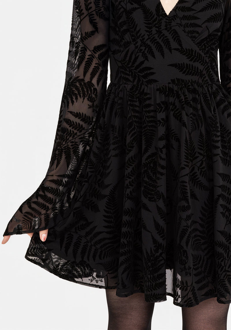 Lunafern Fern Leaf Flocked Mesh Flute Sleeve Mini Dress