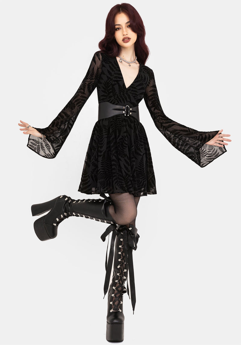 Lunafern Fern Leaf Flocked Mesh Flute Sleeve Mini Dress