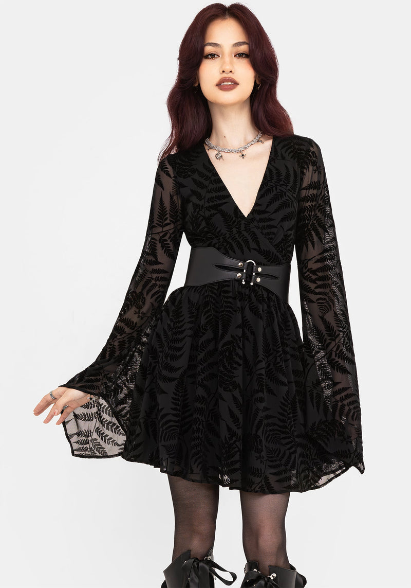 Lunafern Fern Leaf Flocked Mesh Flute Sleeve Mini Dress
