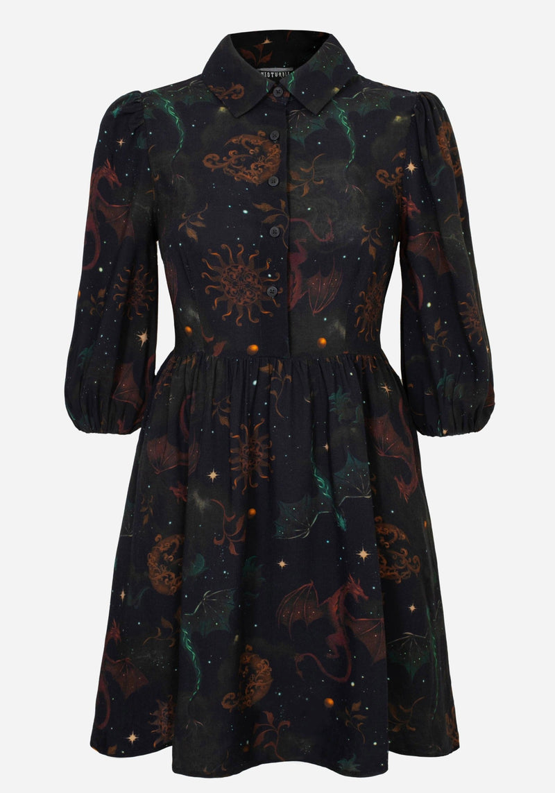 Phoenix Dragon Printed Mini Shirt Dress