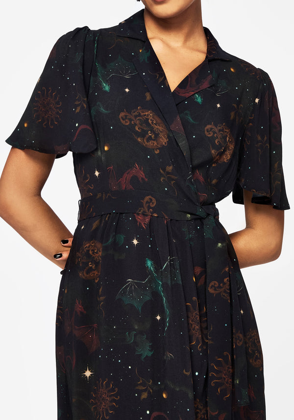 Phoenix Dragon Printed Wrap Midaxi Shirt Dress