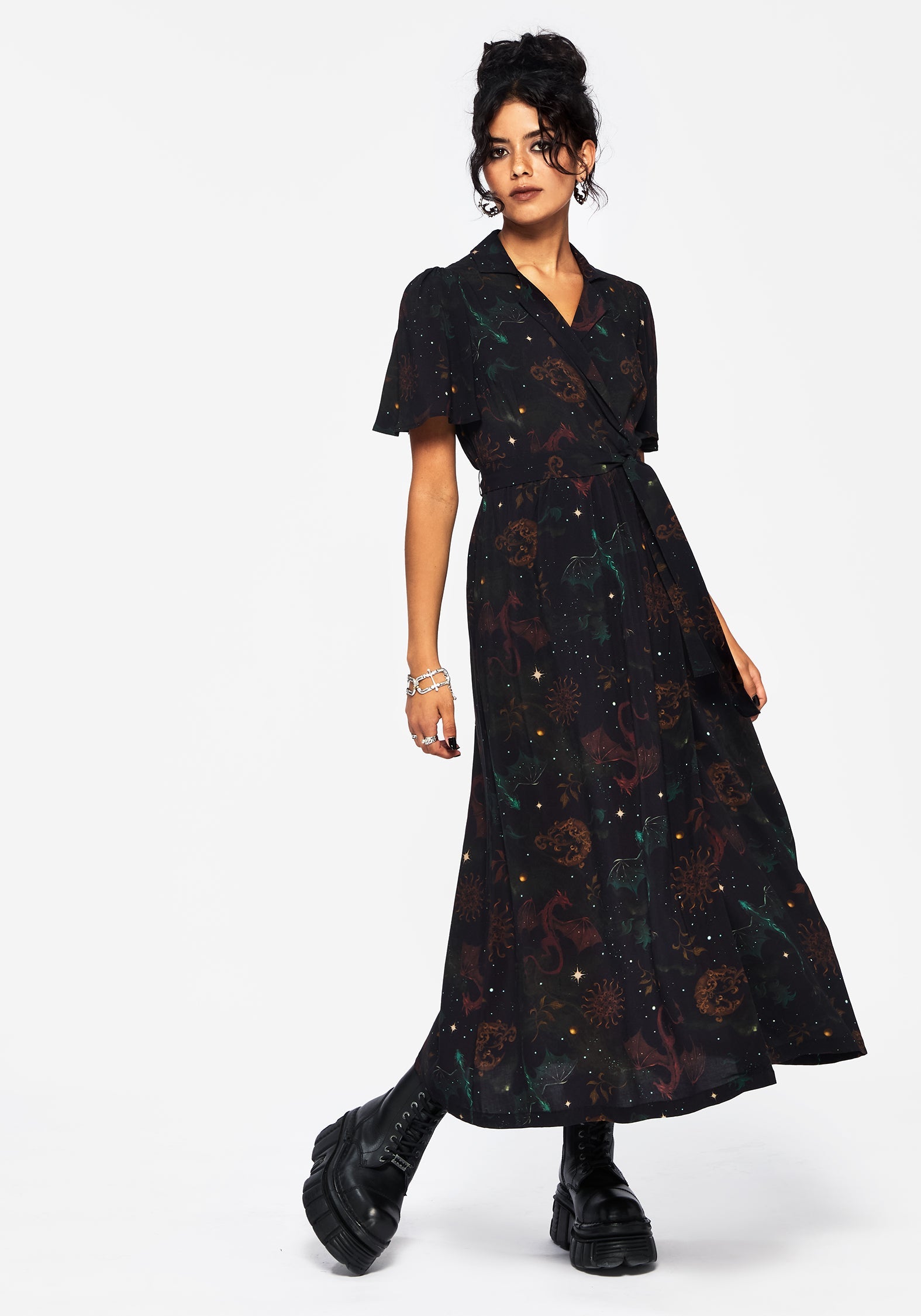 Phoenix Dragon Bedruckt Wickel Midaxi Hemd Kleid