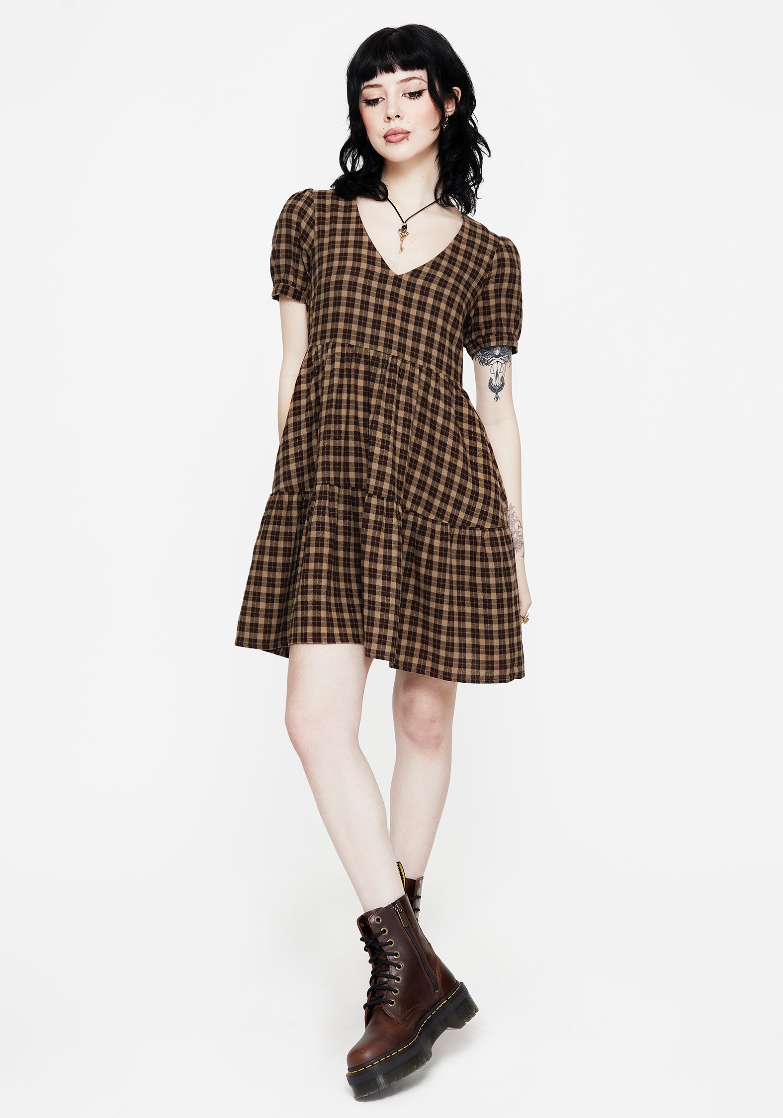 Terra Cotton Check Smock Mini Dress - Brown – Disturbia