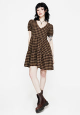 Terra Cotton Check Smock Mini Dress - Brown